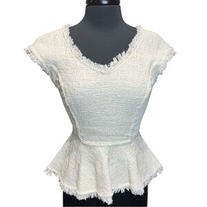 Rebecca Taylor Luxe White/Ivory Tweed & Leather Trim Peplum Top Size 4 NWT